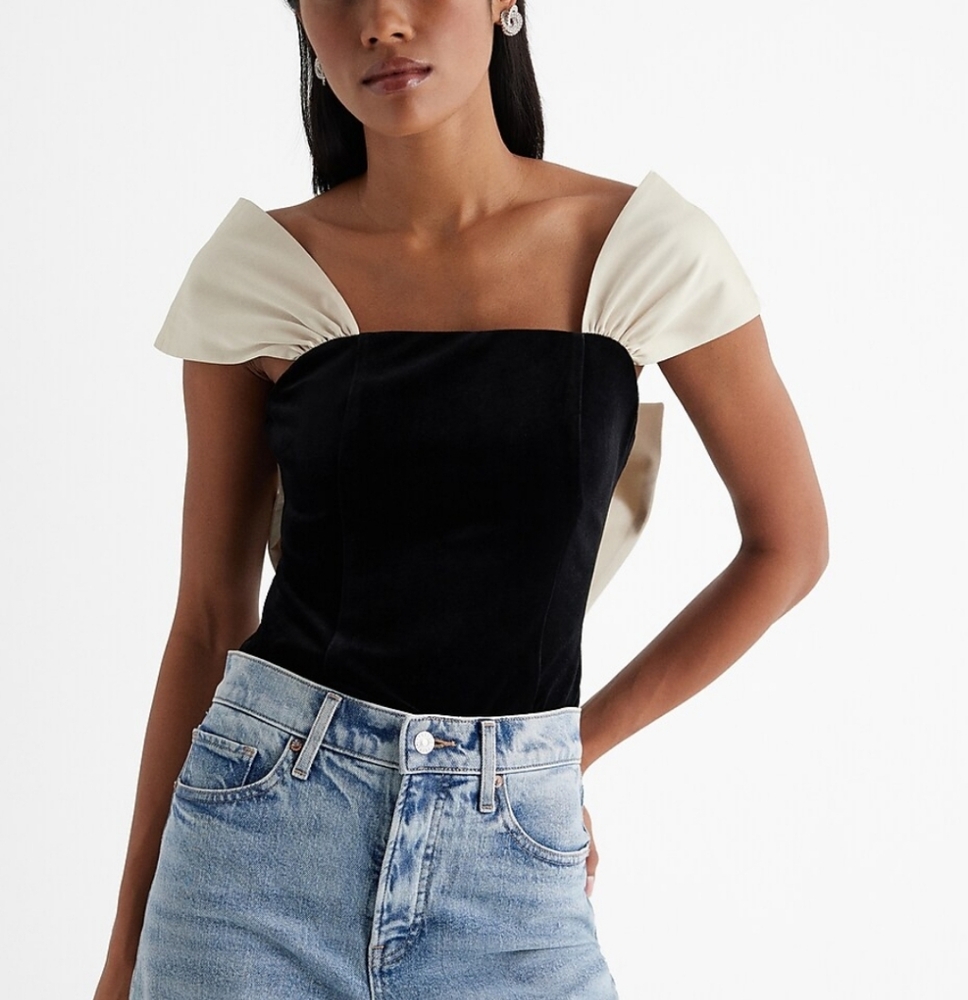 Velvet Square Neck Satin Rhinestone Bow Bodysuit